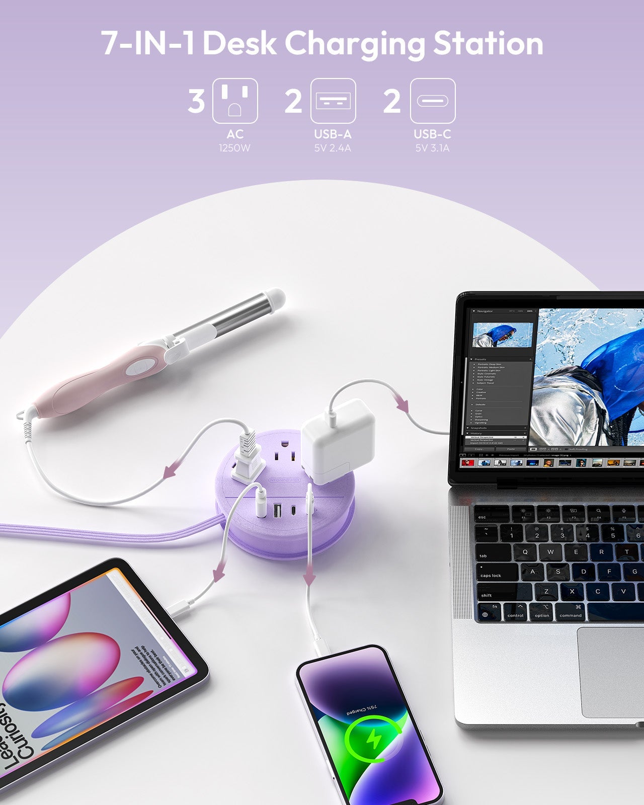 PowerNest New Flat Plug Extension Cord 2 USB C Travel Power Strip