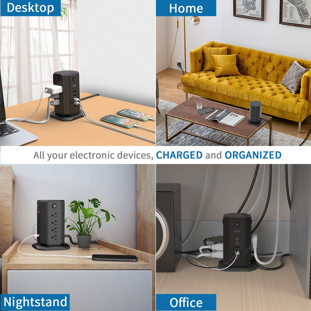 PowerNest 1080J Surge Protector Power Strip Tower 8 Outlets 5 USB