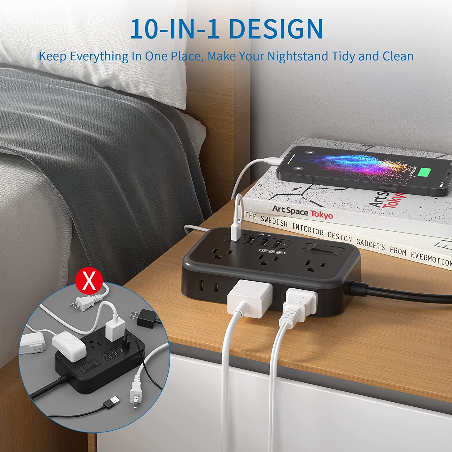 PowerNest Surge Basic Power Strip 6 Outlets 4 USB Flat Plug