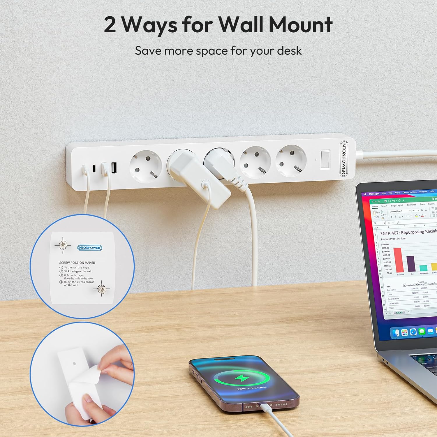 PowerNest EU Power Strip 5 Socket 2-USB-A 2-USB-C Overvoltage Protection