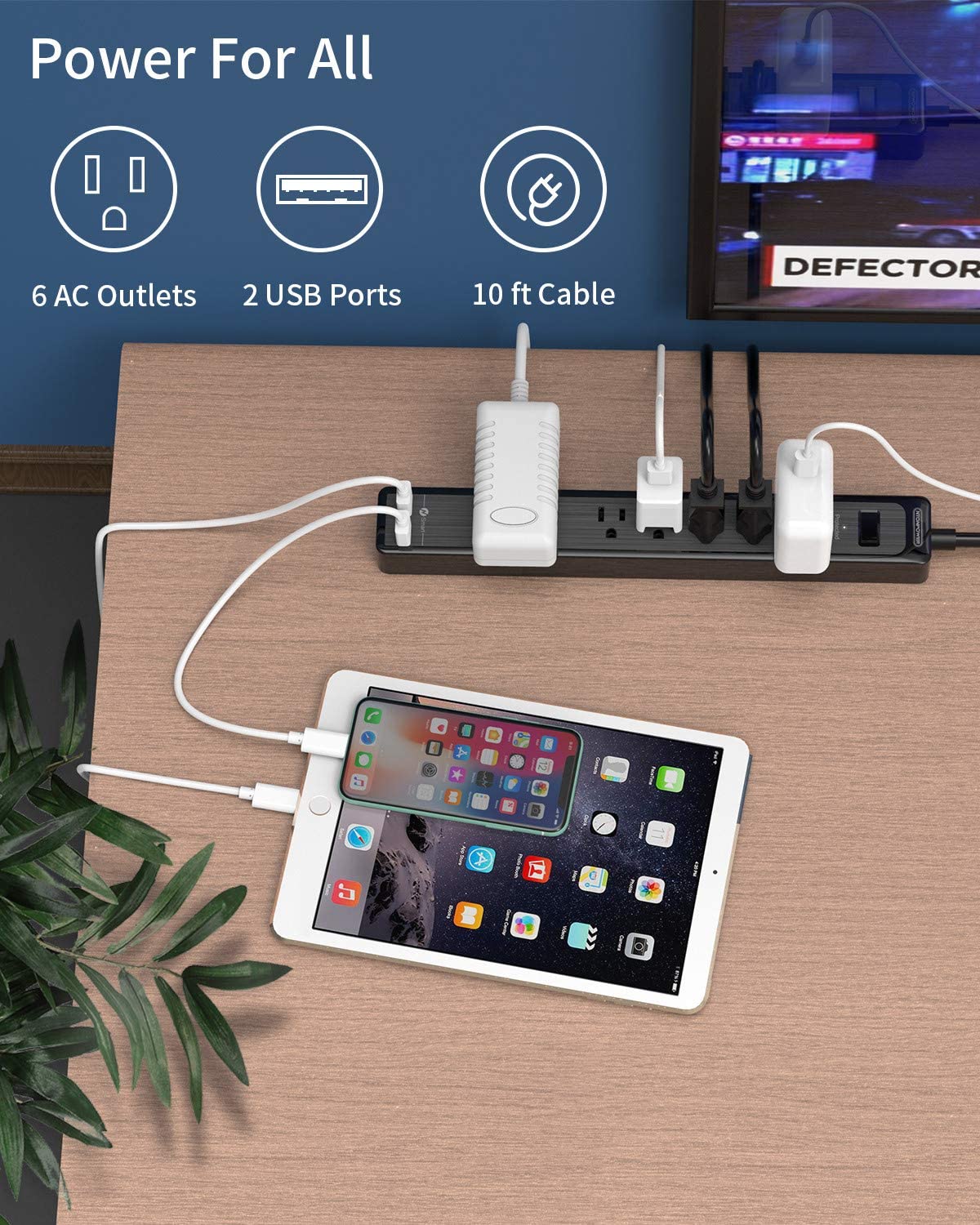 PowerNest Surge Protector 6 Outlets  2 USB 500J