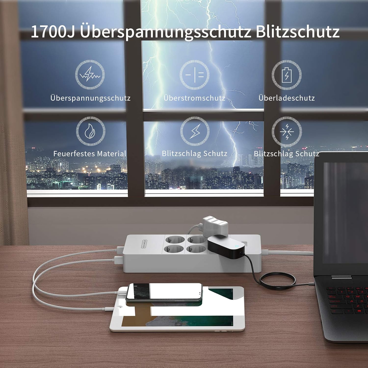 PowerNest EU Surge Protection Power Strip  6 Outlets 5 USB Ports