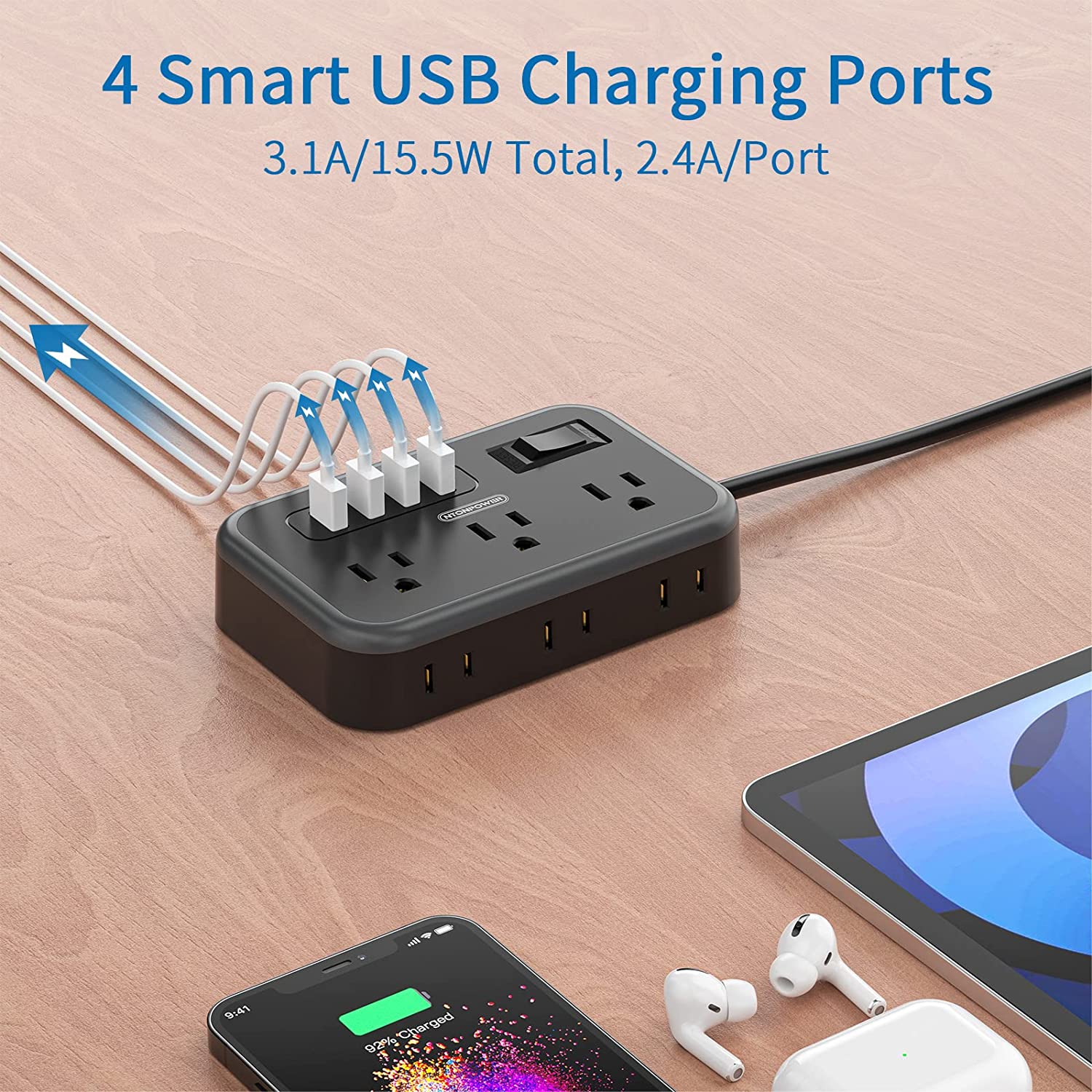 PowerNest Surge Basic Power Strip 6 Outlets 4 USB Flat Plug
