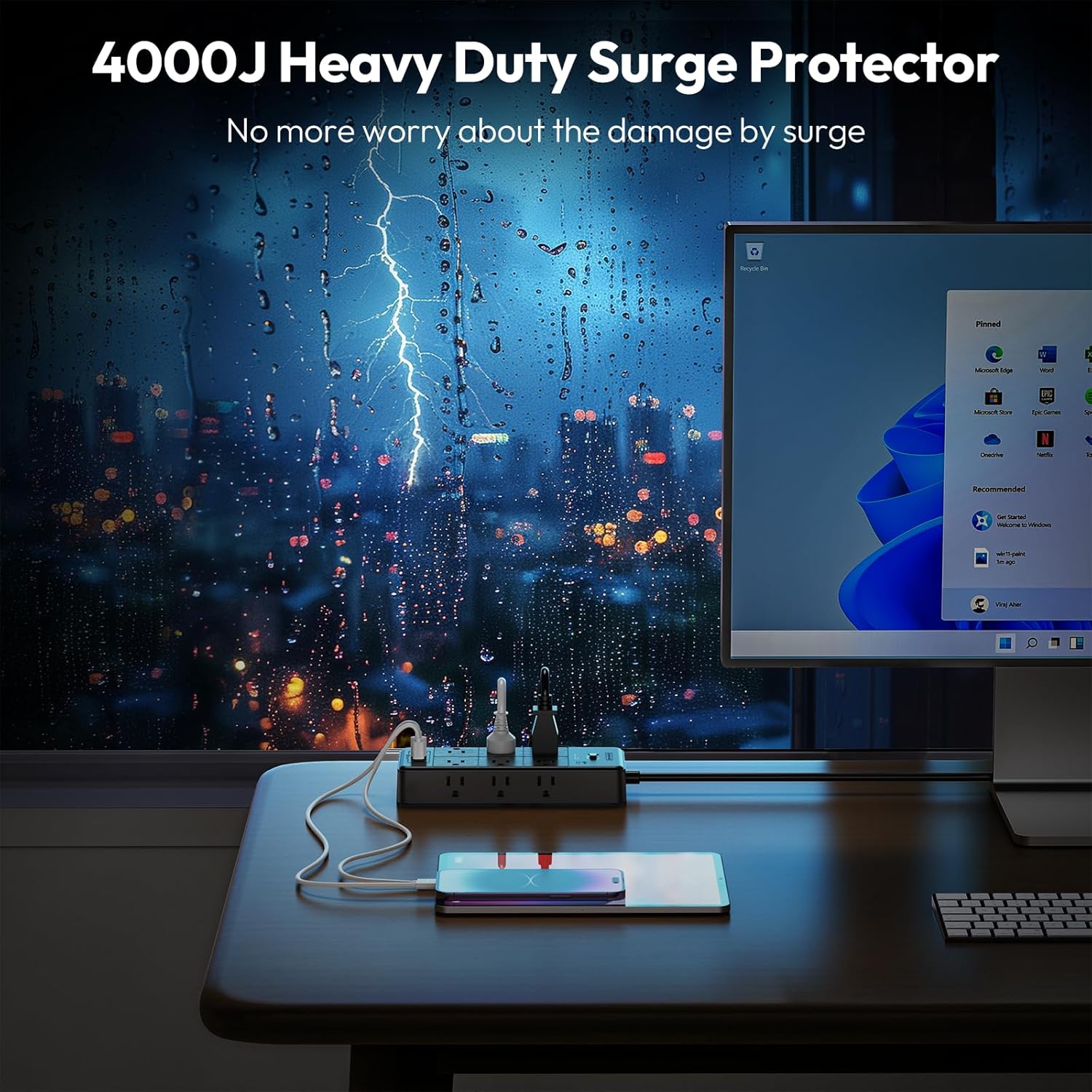 PowerNest Surge Protector Power Strip 12 Outlets 2 USB-A 2-USB C