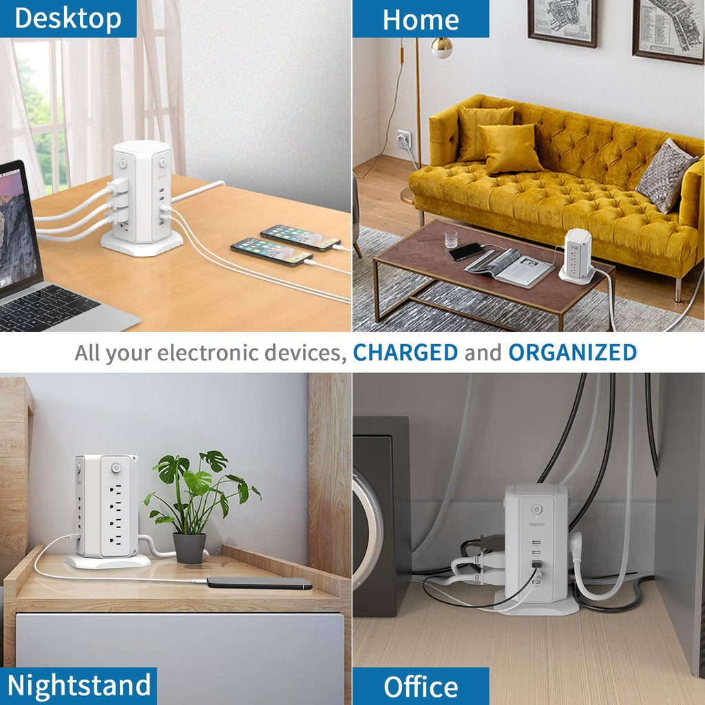 PowerNest 1080J Surge Protector Power Strip Tower 8 Outlets 5 USB