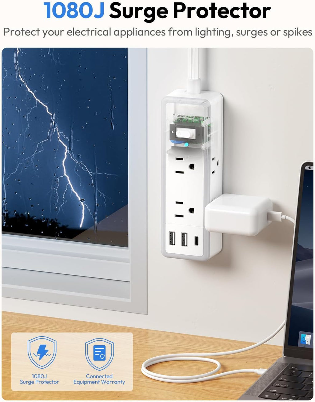 PowerNest Surge Protector Power Strip 6 Outlets 2 USB-A 1 USB-C