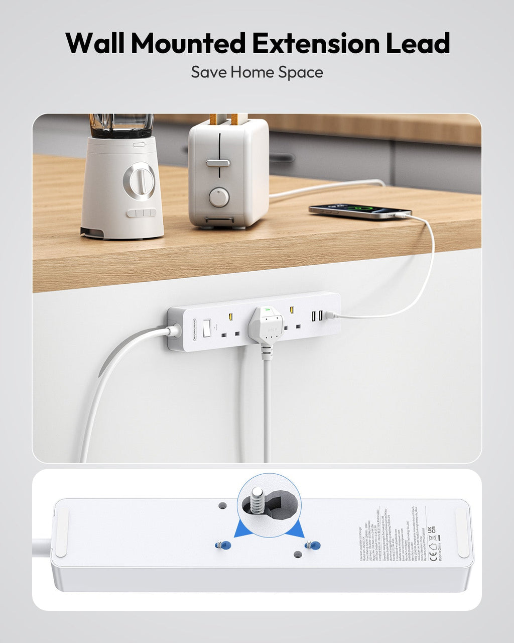 PowerNest UK Surge Protector  3 Outlets 3 USB Ports(1 Type C)