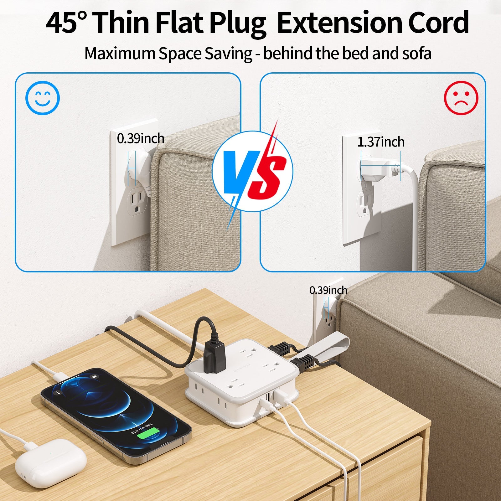PowerNest Powercube Power Strip 8 Outlets 3 USB Wrapped Cord