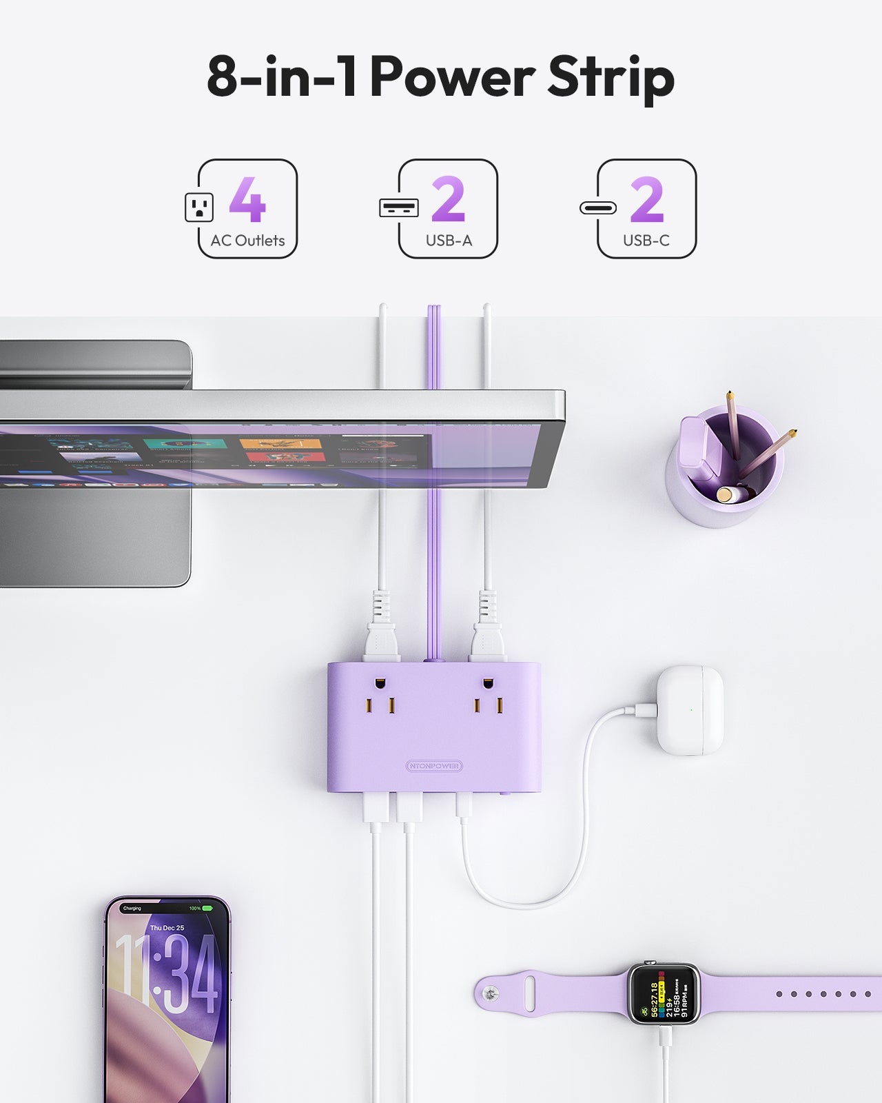 PowerNest Purple Power Strip 4 Outlets 2 USB-A 2 Type C
