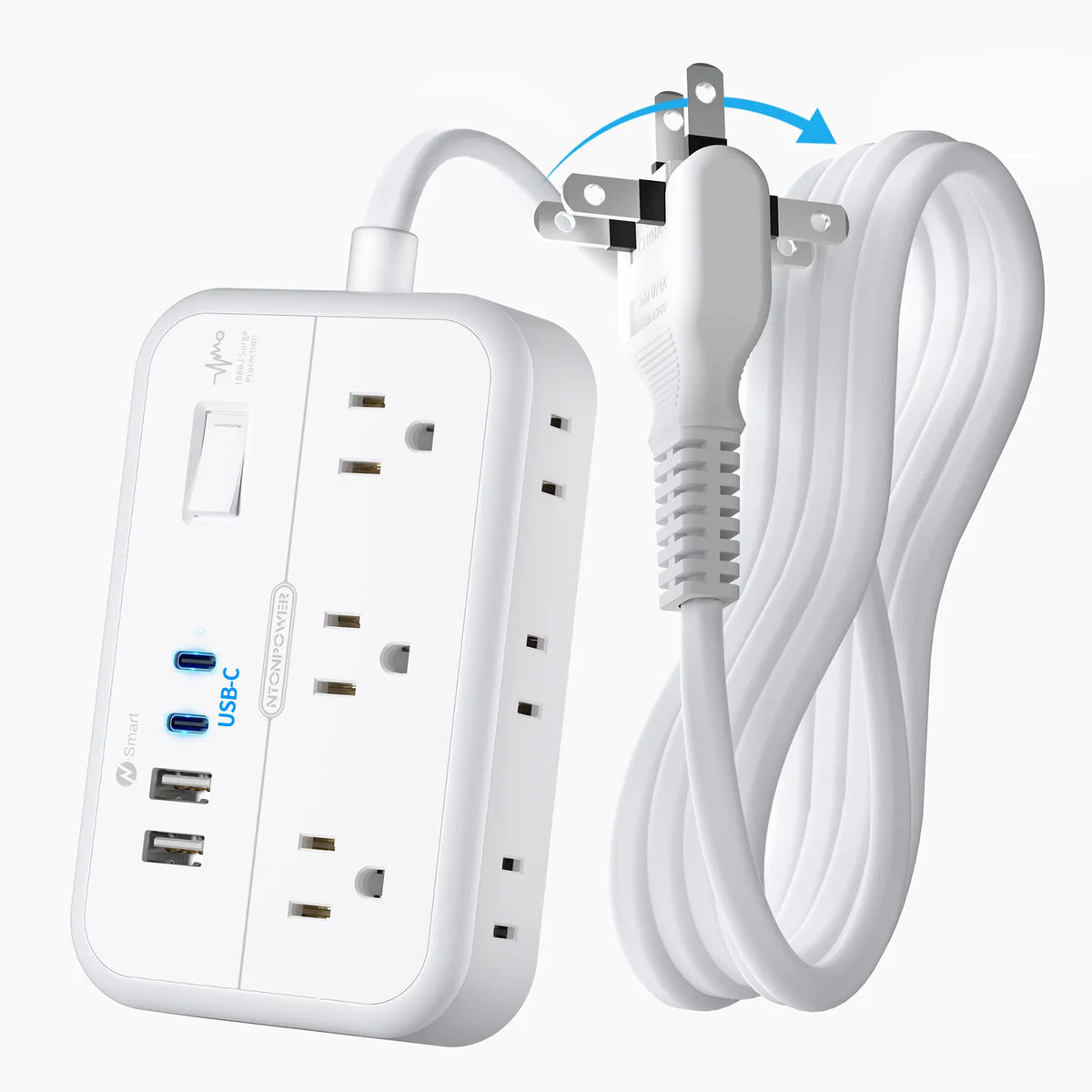 PowerNest New Surge Basic Power Strip 6 Outlets 2 USB 2 TYPE-C Flat Cord