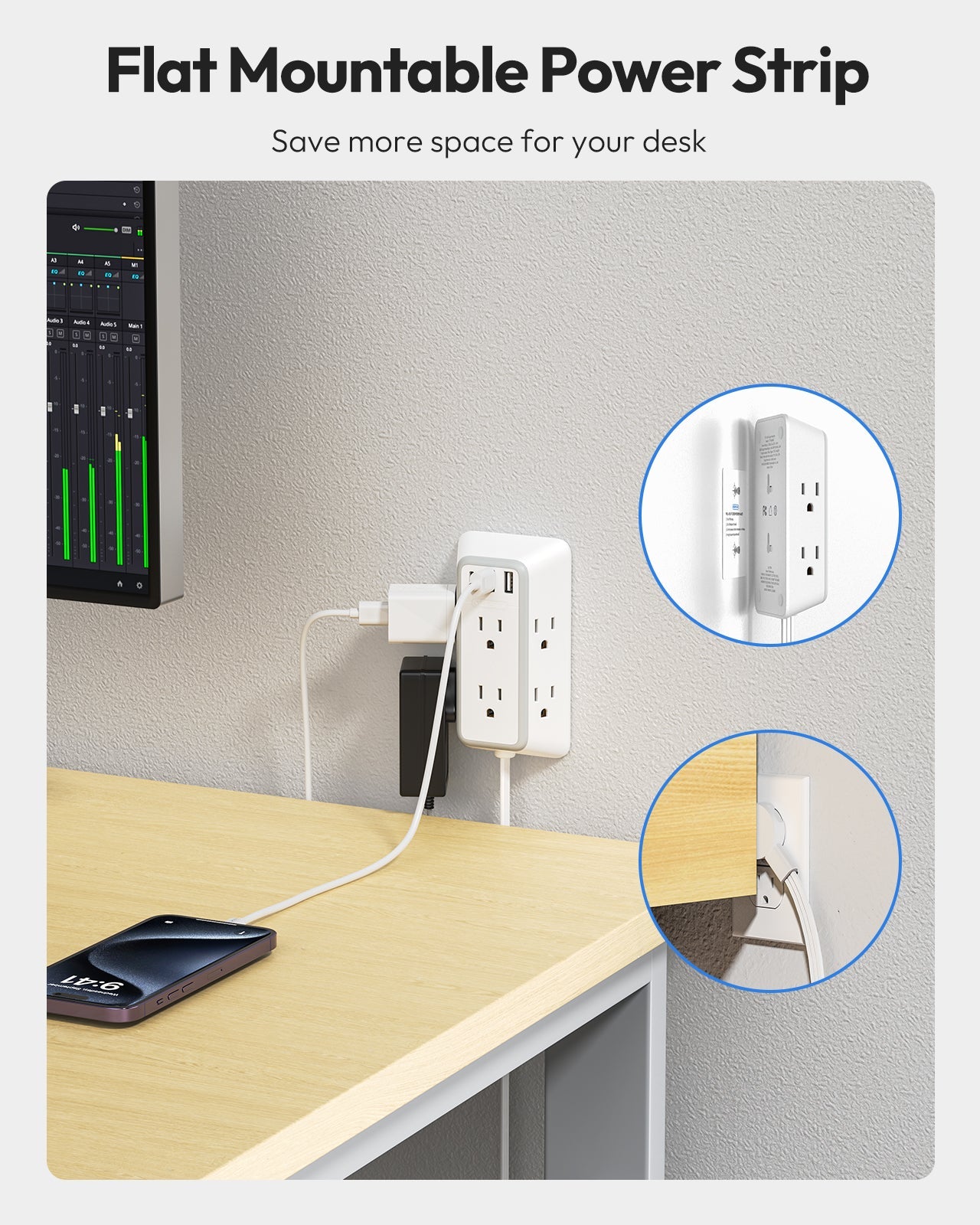 PowerNest 3-Sided Power Strip 6 Outlets 2 USB-A 1 USB-C