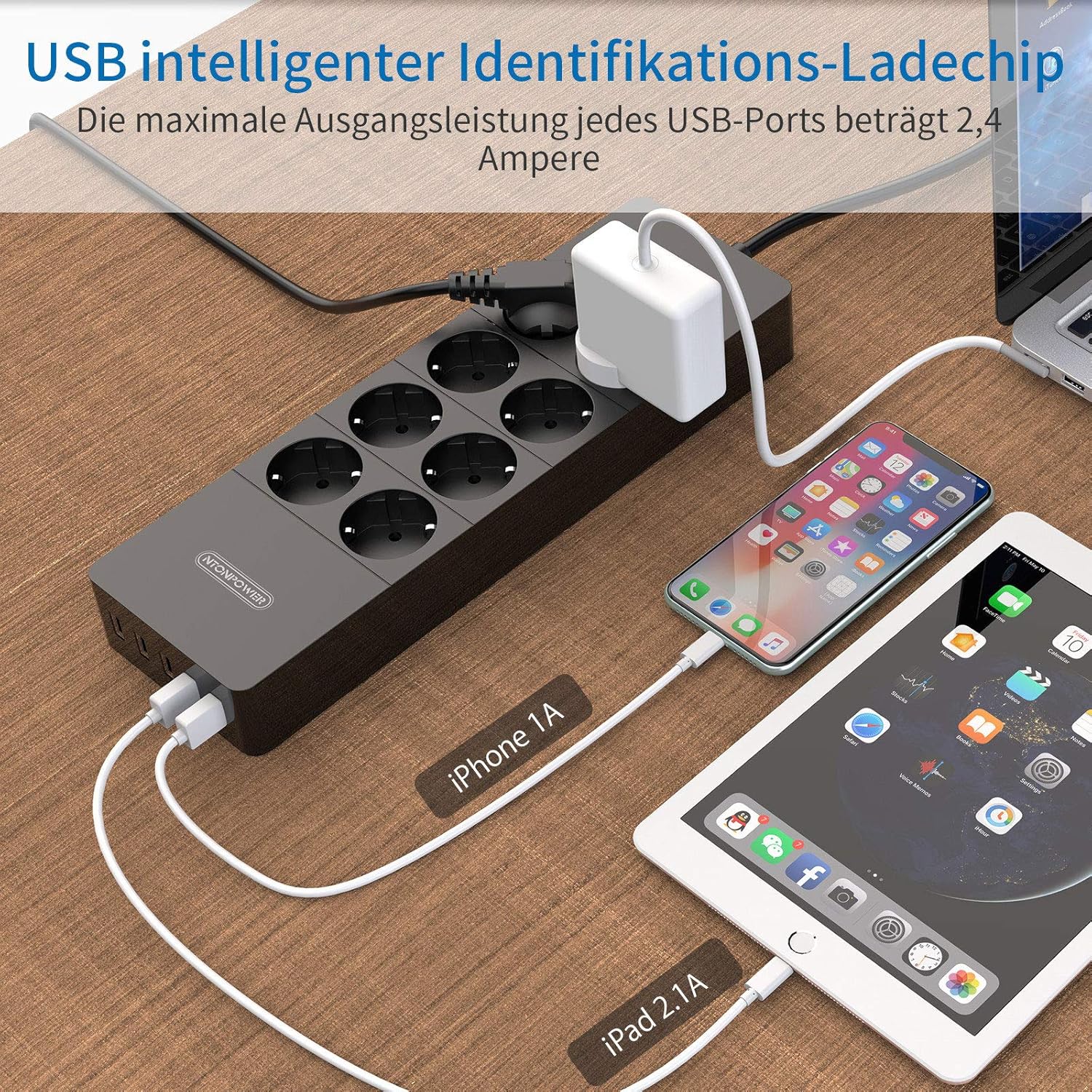 PowerNest EU Surge Protection Power Strip 8 Outlets 5 USB-A