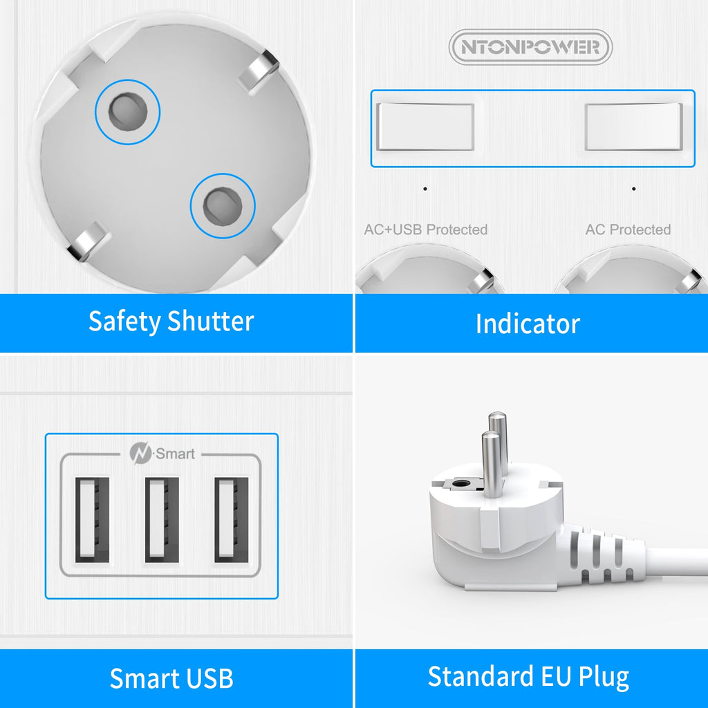 PowerNest EU Surge Protection Power Strip 10 Outlets 3 USB-A
