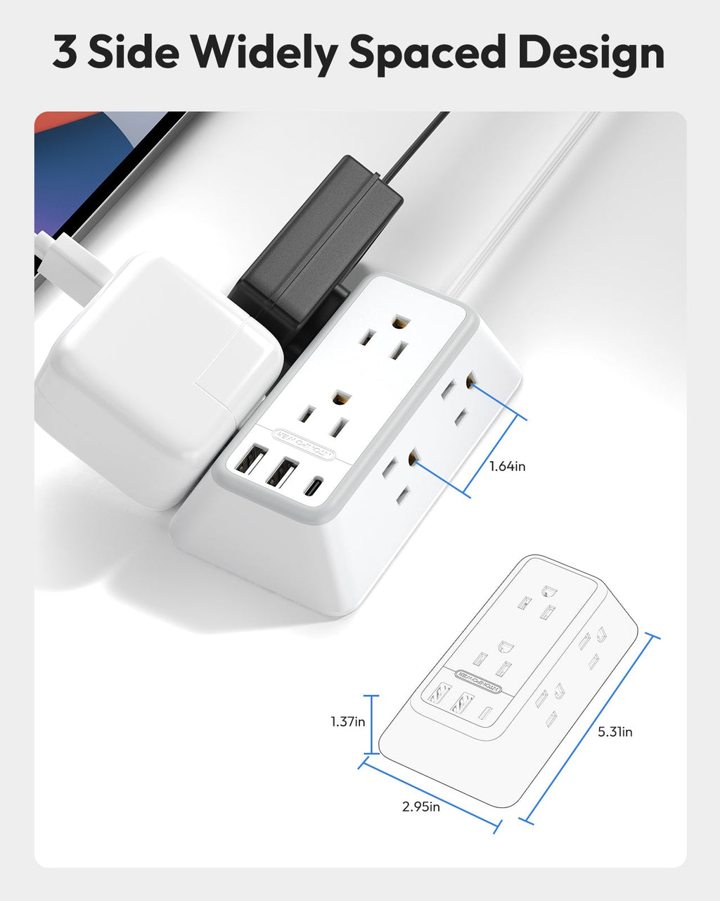 PowerNest 3-Sided Power Strip 6 Outlets 2 USB-A 1 USB-C