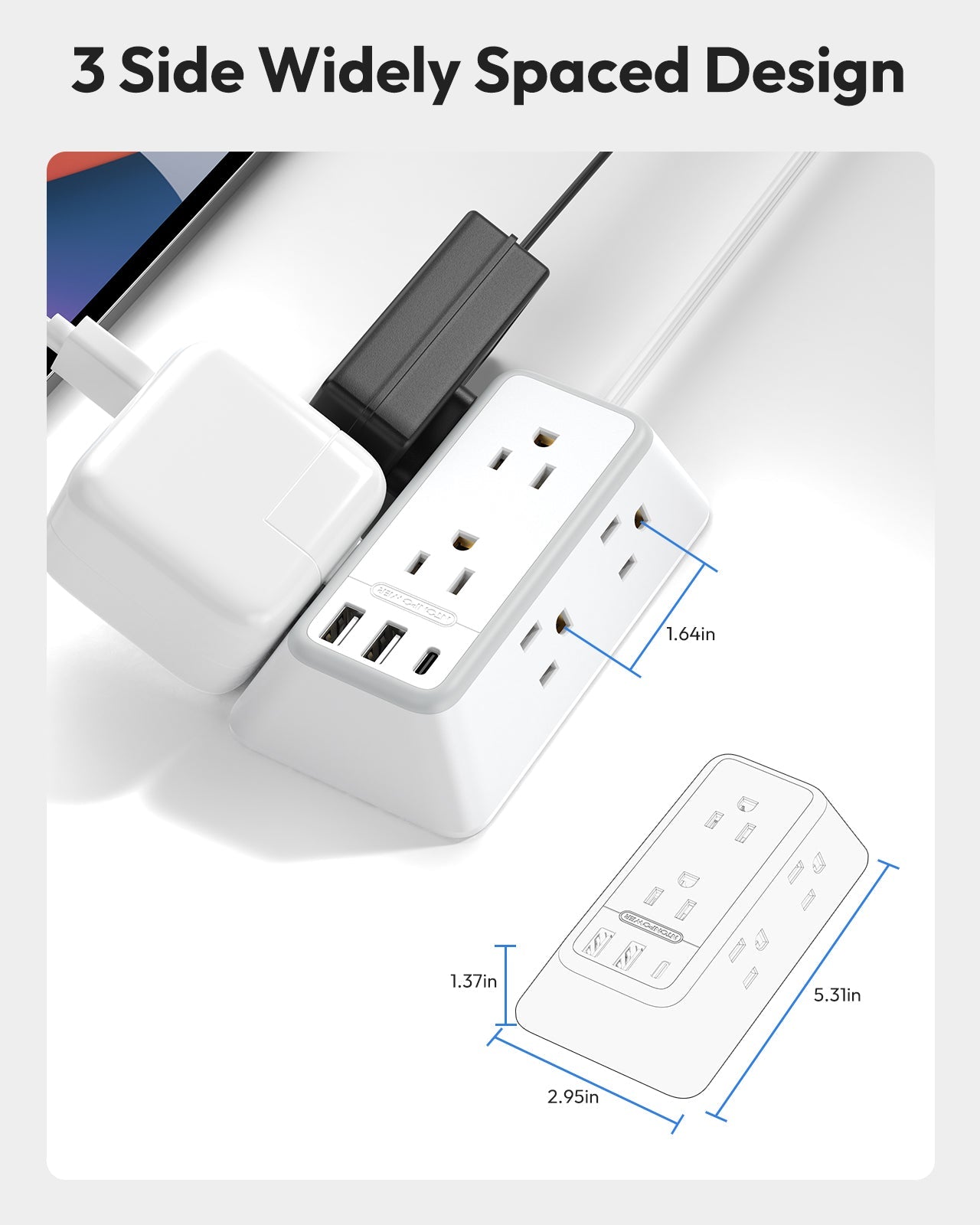 PowerNest 3-Sided Power Strip 6 Outlets 2 USB-A 1 USB-C