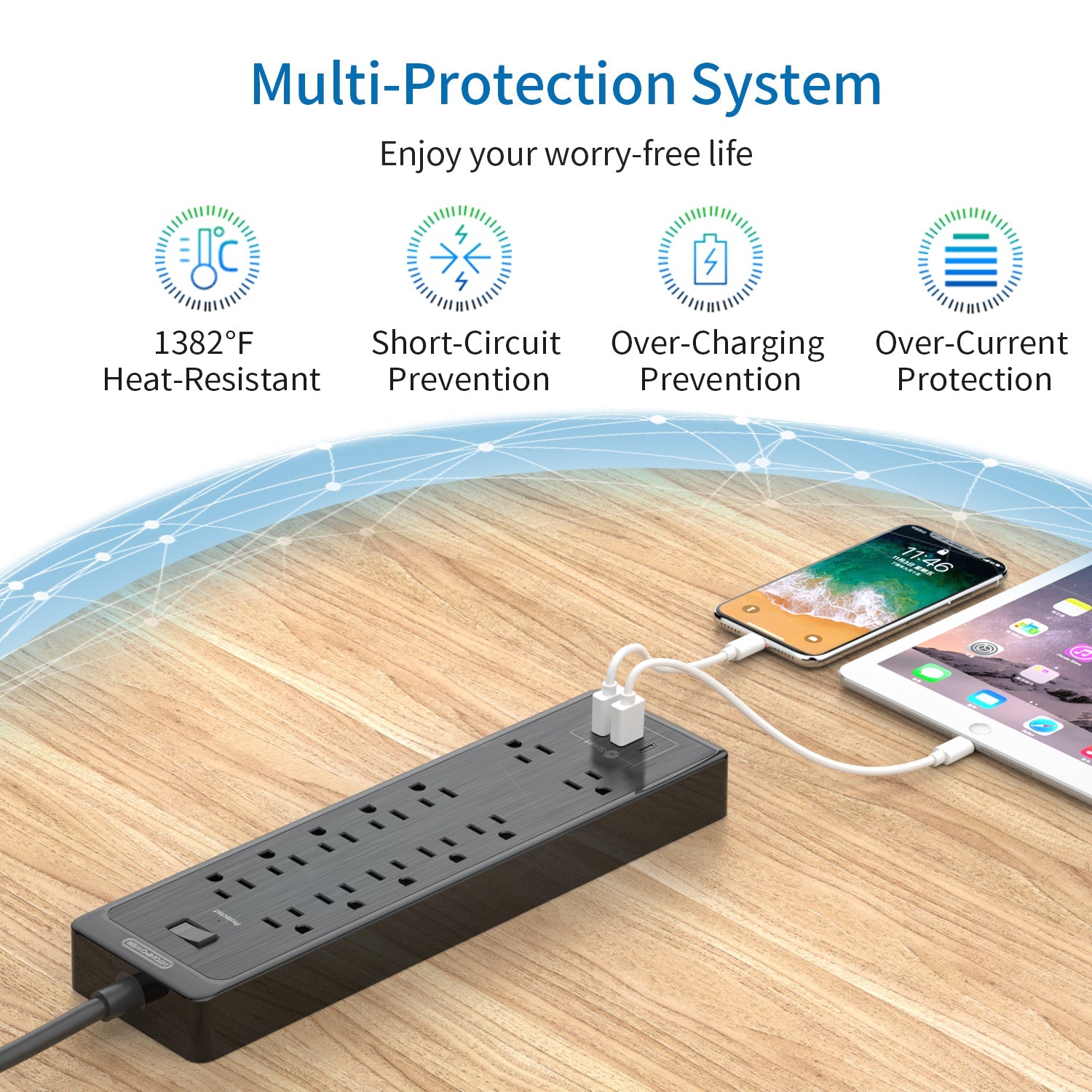 PowerNest Surge Protector Power Strip 12 Outlets 2 USB-A 1-USB C（SKU: LS-12A3U-US-BK-4.6M,  ASIN: B08CKBHCLD, GTIN：6954301173823）