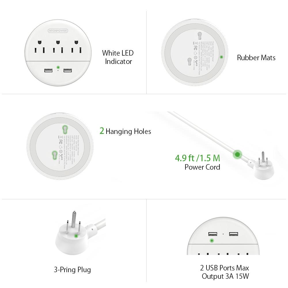PowerNest Dot Power Strip 3 Outlets 2 USB Small & Travel