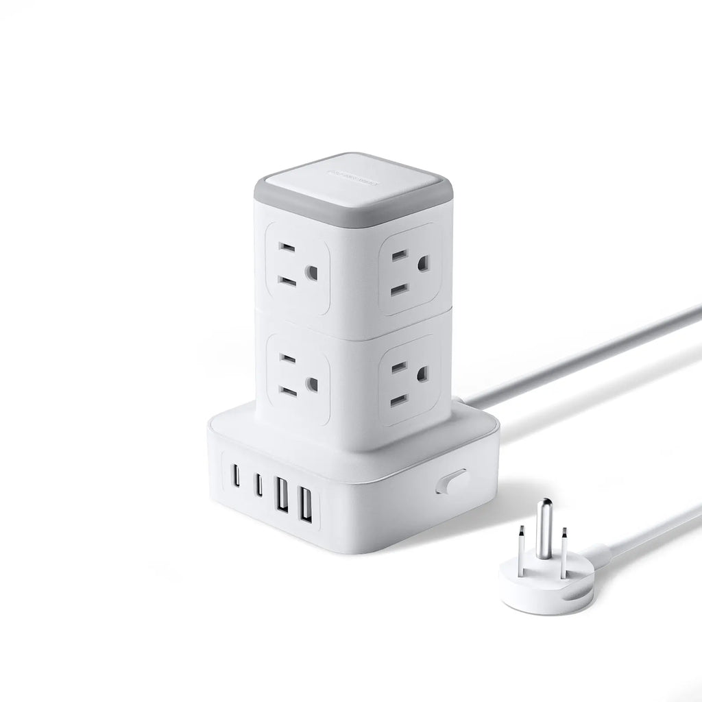 PowerNest New Surge Protector Power Strip Tower 8 Outlets 2 USB-A 2 USB-C