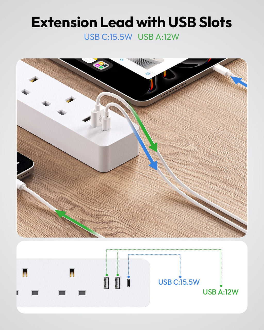 PowerNest UK Surge Protector  3 Outlets 3 USB Ports(1 Type C)