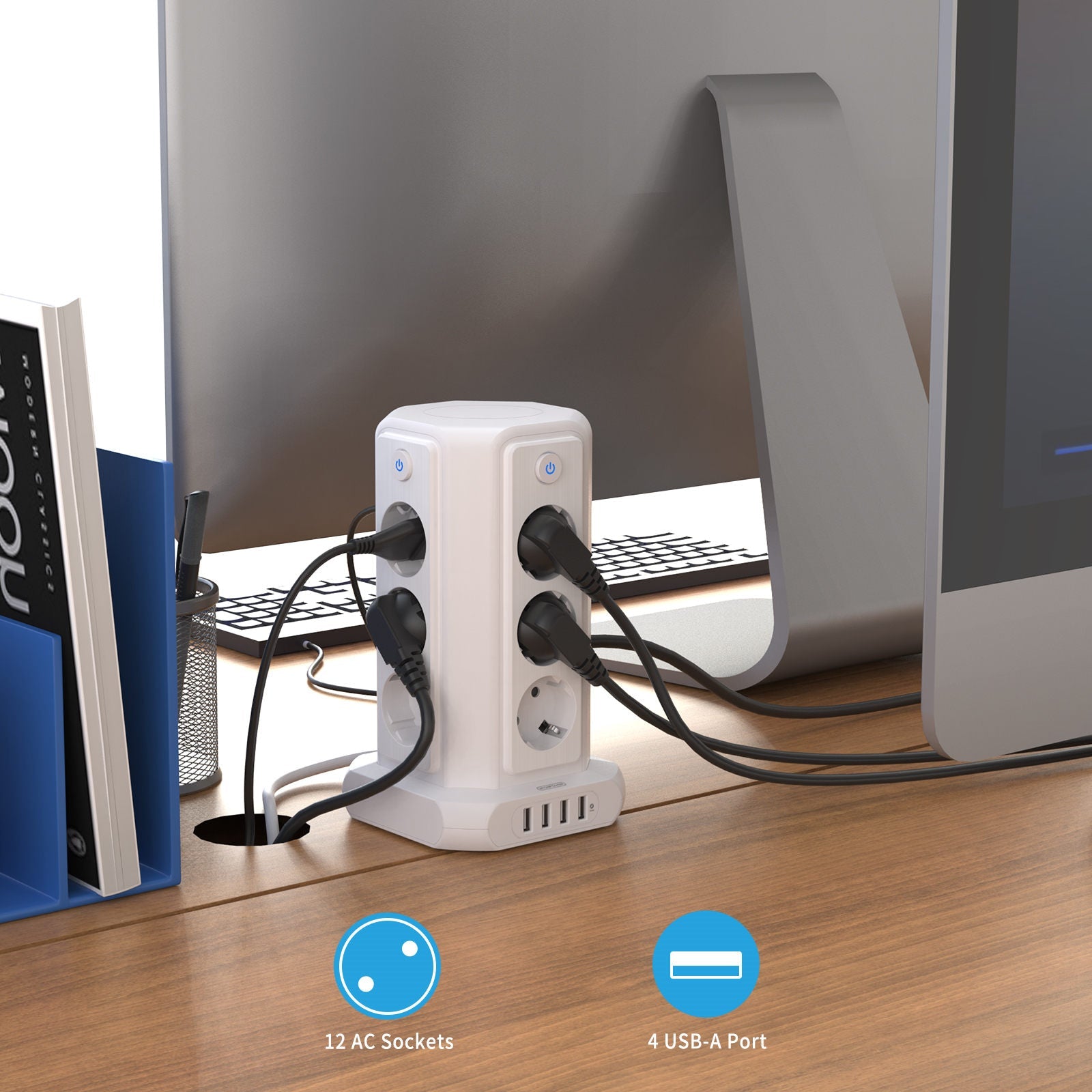 PowerNest EU Surge Protection Power Strip Tower 12 Outlets 4 USB 1080J
